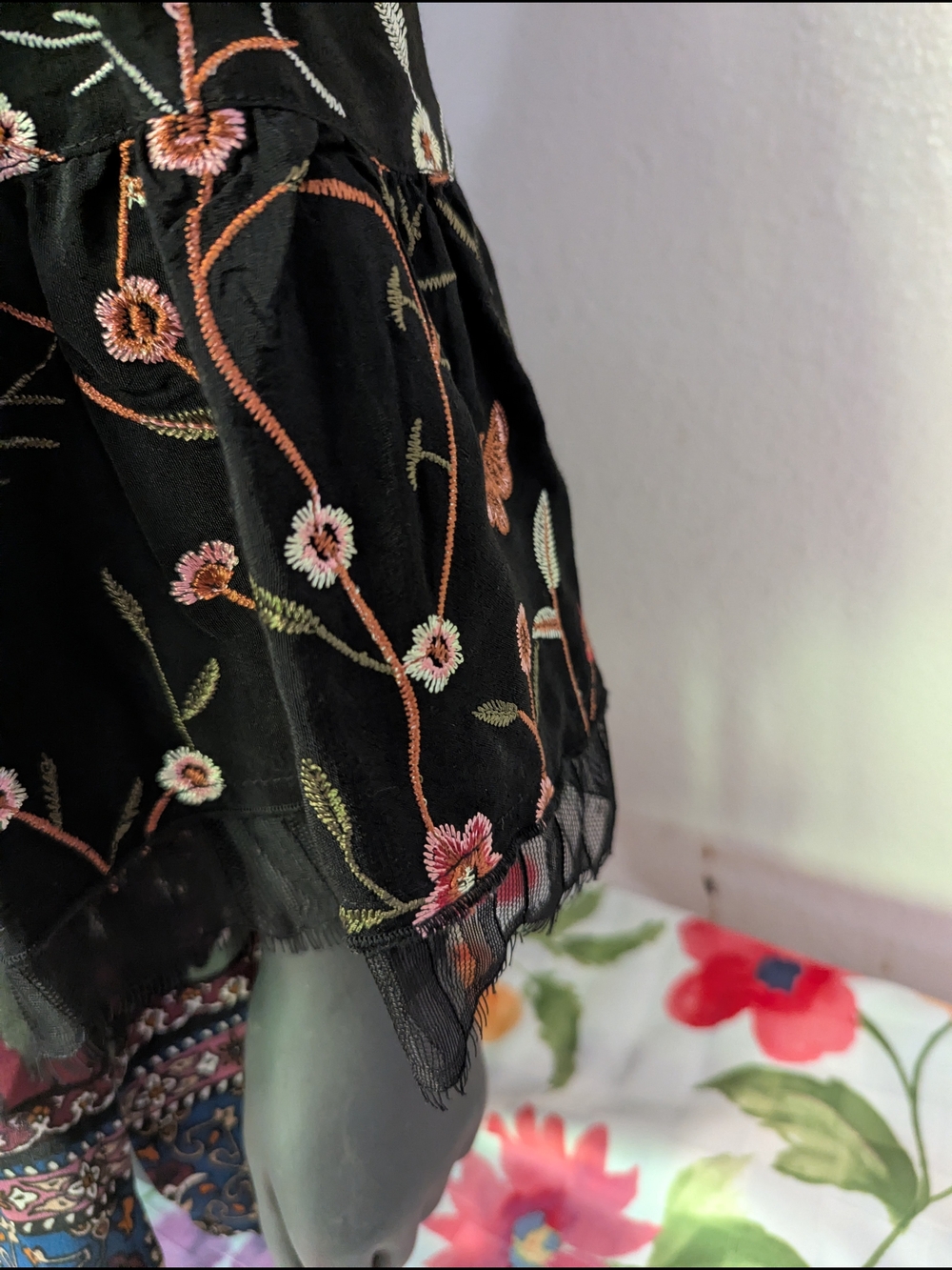 Bohemian Black Multi-Color Floral Embroidery V-Neck Women’s Top - Picture 9 of 10